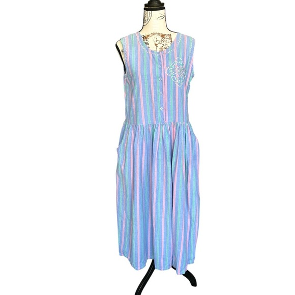 Chandni Vintage 90s Pastel Striped Prairie Dress Size Medium - Picture 1 of 9